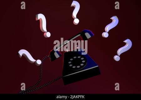 Unknown call concept. Retro phone in black with question marks. 3D render. Stock Photo