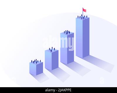 Growth and project milestone concept. Vector illustration of a 3D bar chart with people on top. Workforce aiming to reach a common organizational goal Stock Vector