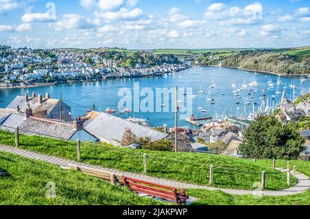 Fowey festuary from Polruan; Small coastal town of Fowey can be see on the far shore. The beauty of Cornwall Stock Photo