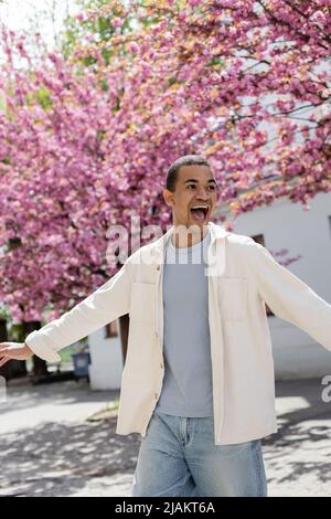 excited african american man in shirt jacket walking near pink cherry tree Stock Photo