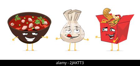 Chinese food funny cartoon character set. China cuisine cute face expression mascot collection. Asian joyful mapo tofu bowl. Smiling comic dim sum. Happy wok noodle box. Vector emoticons illustration Stock Vector