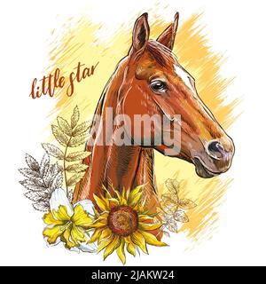 Portrait of a Horse and flowers. Little star lettering quote. Hand drawn style print. Vector illustration isolated on white background. T-shirt compos Stock Vector