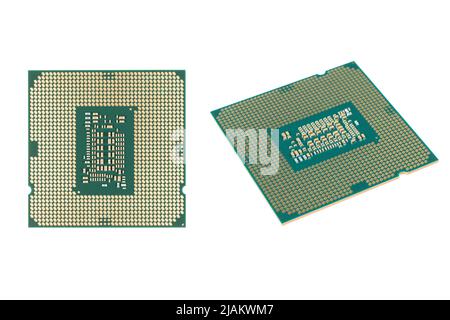 Top view computer processor isolated on white background. CPU. Central processor unit. Computer hardware technology. Integrated communication processo Stock Photo