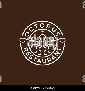 Seafood restaurant with octopus line art vector logo design Stock Vector