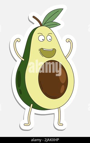 Cheerful avocado character in doodle style. Hand drawn cartoon icon with stroke. Cartoon vector sticker isolated on white background Stock Vector