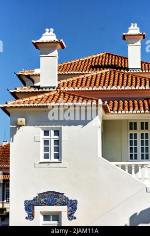 tiled roof and chimney on old railways station in Aveiro, Portugal Stock Photo