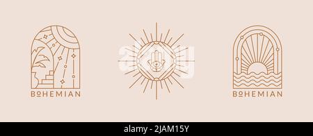 Boho logos. Vector isolated emblems with sun. Elegant line design for esoteric, spiritual therapy practices, travel agencies, outdoor resort, spa, etc Stock Vector