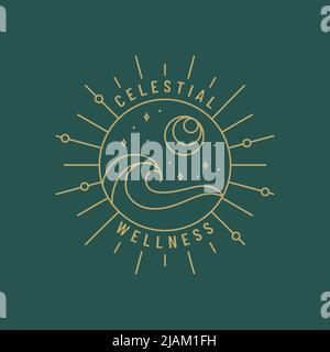 Boho logo. Vector isolated design with sun, moon, stars and ocean wave. Trendy line emblem for boho hotel, meditation studio, alternative healing, etc Stock Vector