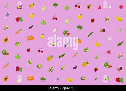 purple background with colorful fruits and vegetables, vector illustration Stock Vector