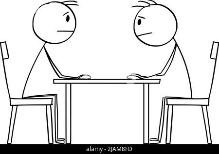 Two Person, Politicians or Businessmen Negotiating and Sitting at Table, Vector Cartoon Stick Figure Illustration