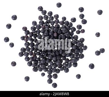 Black lentils isolated on white background. Dry beluga lentil grains pile. Top view Stock Photo
