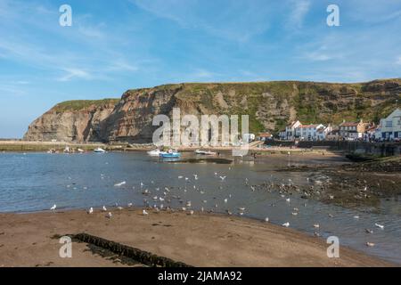 The beach and small harbour at Staithes, North Yorkshire, UK. Stock Photo