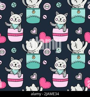 Cute cat in pocket kawaii seamless vector pattern - kids illustration Stock Vector
