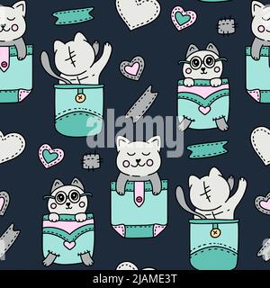 Cute cat in pocket kawaii seamless vector pattern - kids illustration Stock Vector