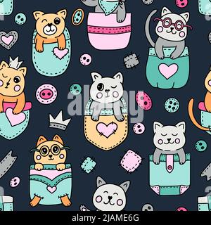 Cute cat in pocket kawaii seamless vector pattern - kids illustration Stock Vector