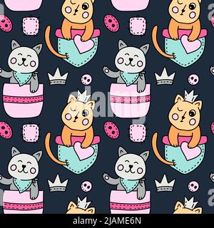 Cute cat in pocket kawaii seamless vector pattern - kids illustration Stock Vector