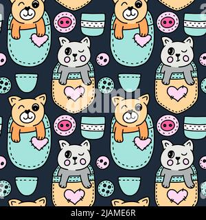 Cute cat in pocket kawaii seamless vector pattern - kids illustration Stock Vector