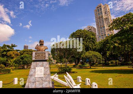 Statue of Miguel Grau, at Parque Urraca Panama City, Panama. Miguel María Grau Seminario (27 July 1834 – 8 October 1879) is the most renowned Peruvian Stock Photo