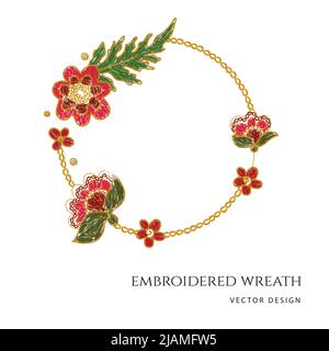 Ukrainian hand made embroidery floral wreath. Vector illustration Stock Vector