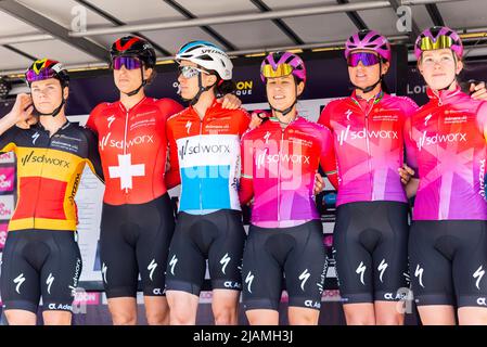 Lotte Kopecky, Marlen Reusser, Christine Majerus, Elena Cecchini, Chantal van den Broek-Blaak, Lonneke Unekencyclist of team SD Worx at Classique 2022 Stock Photo