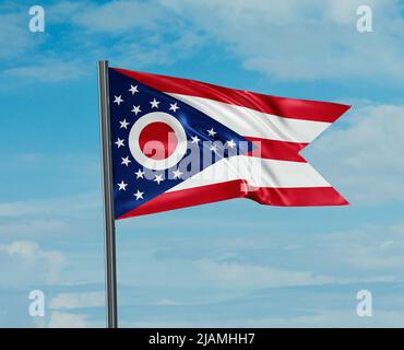 Ohio US state flag waving in the wind on sky with clouds Stock Photo