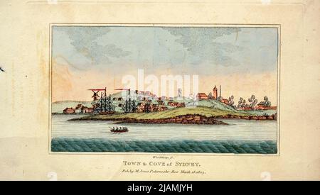 18th Century view of Town and Cove of Sidney from the book The history of New South Wales : including Botany Bay, Port Jackson, Parramatta, Sydney, and all its dependancies, from the original discovery of the island ; with the customs and manners of the natives; and an account of the English colony, from its foundation, to the present time by George Barrington, 1755-1804. Publication date 1810 Publisher London : M. Jones. George Barrington (14 May 1755 – 27 December 1804) was an Irish-born pickpocket, popular London socialite, Australian pioneer (following his transportation to Botany Bay), an Stock Photo