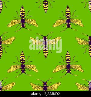 Wasp colorful summer seamless pattern, isolated on bright green background. Decorative cartoon insect stylish texture. Stock Vector