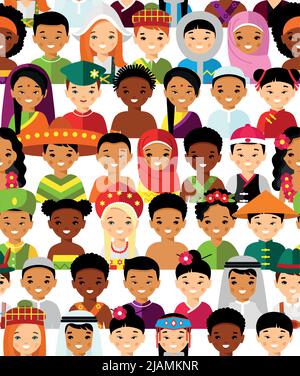 Seamless background of international people in traditional costumes around the world. Stock Vector