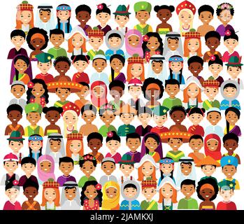 Set of cartoon face international in traditional costum.es Stock Vector