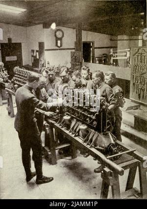 This picture, take- at one of the 'Ground Schools' of the Army Signal Corps, well illustrates the earnestness and concentration of the men. The instructor is obviously having no dif- ficulty in keeping his men at work, for these future American airmen know just as well as he how vital it is that they should understand every impulse of the engine which will soon mean so much to them in midair. A most thorough and fundamental course of training in engines is necessary for the men who carry the respon- sibility for America's warfare in the skies from the manual ' Practical aviation for military a Stock Photo
