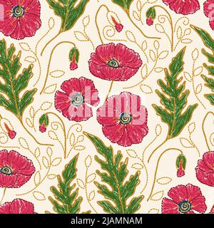 Poppy flower embroidery - Ukrainian seamless pattern. Vector illustration Stock Vector