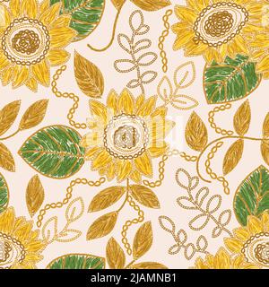 Sunflower flower embroidery - Ukrainian seamless pattern. Vector illustration Stock Vector