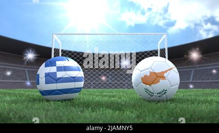 Two soccer balls in flags colors on stadium blurred background. Greece and Cyprus. 3d image Stock Photo