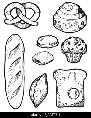 Baking set. Loaf and bread, sweet rolls. White sweet bread pastries. Ready dish. Food delicious. Hand drawing outline. Isolated on white background Stock Vector