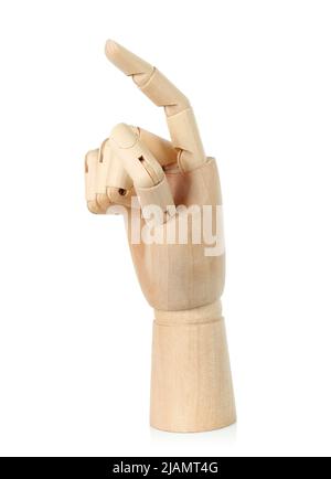 Wooden hand on white background close-up Stock Photo