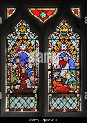 Stained glass window by Frederick Preedy depicting Jesus washing the disciple's feet, and Agony in the Garden, All Saints Church, Church Lench, Worcs Stock Photo