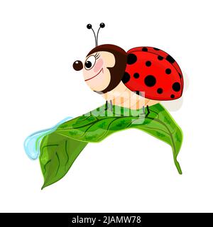 Ladybird on leaf. Cartoon ladybird crawling on leaf with dew drop.Funny ladybug in summer nature.Mascot character red beetle.Smiling marybeetle insect Stock Vector