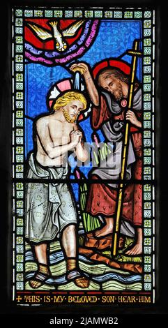 A stained glass window by Frederick Preedy depicting the baptism of Jesus, All Saints Church, Church Lench, Worcestershire Stock Photo