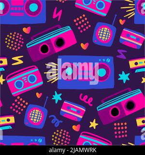 Tape recorder radio seamless pattern 80s illustration. Vector music party design Stock Vector