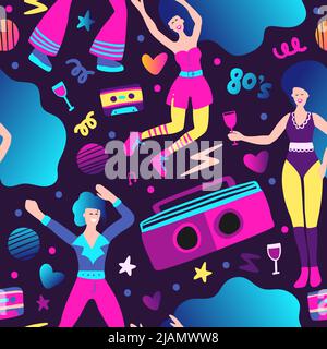 Tape recorder radio seamless pattern 80s illustration. Girl and boy music party Stock Vector