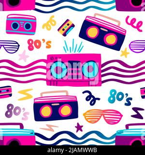 Tape recorder radio seamless pattern 80s illustration. Vector music party design Stock Vector