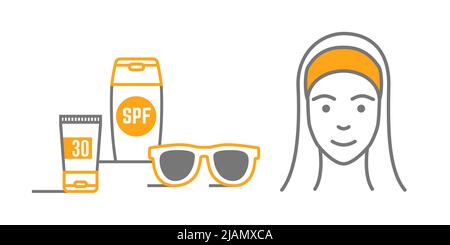Woman and sunblock cream, sunglasses icon isolated Stock Vector