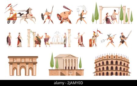 Ancient rome characters. Coliseum gladiator warriors with weapon ...
