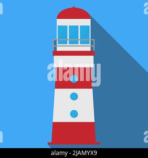 red and white lighthouse with drop shadow against blue background, flat design vector illustration Stock Vector