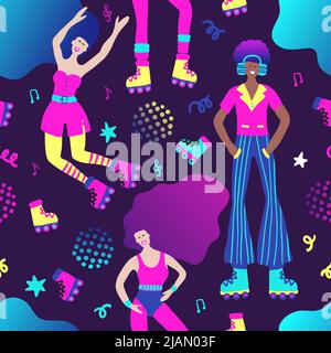 Girl and boy disco seamless pattern 80s illustration. Roller skates music party Stock Vector