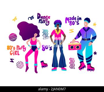 80s party people cartoon gradient character set and lettering