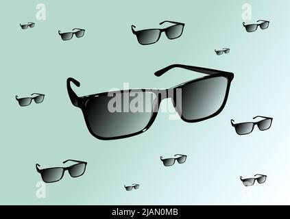 Vectorized illustration of modern stylish black glasses with smoked lenses flying on blue-gray background Stock Vector