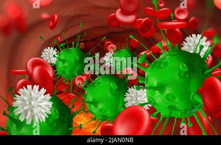 Leukocytes attack the virus in the blood. Microbes under the microscope. Disease, infection, inflammation Stock Photo