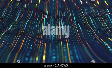 Wavy field, lines with a digital code. Digital structure, big data concept 3D illustration. Coded data loop. Cyberspace background Stock Photo