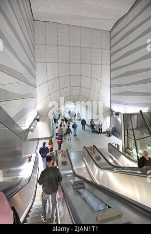 London, UK. The newly opened Elizabeth Line (Crossrail). View down the main escalators at Liverpool Street station entrance. Stock Photo